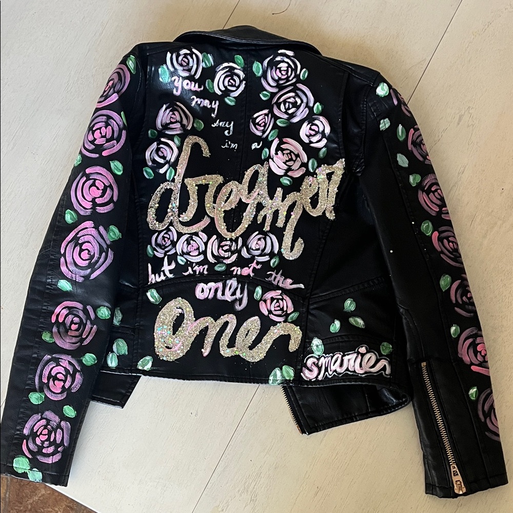 Blank NYC Handpainted Black Leather Jacket by Artist Shannon Marie